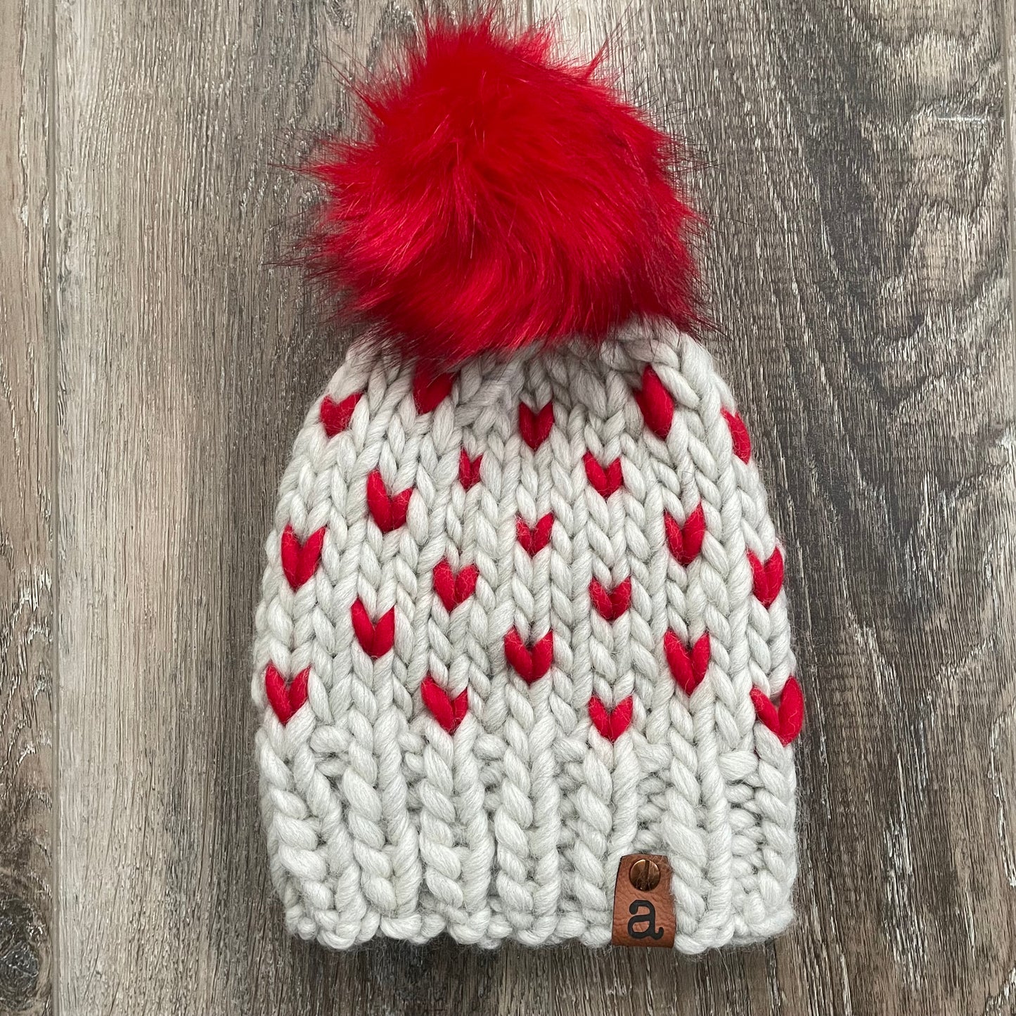 The “Helen” Beanie | 100% Wool | Tiny Hearts Red on Grey