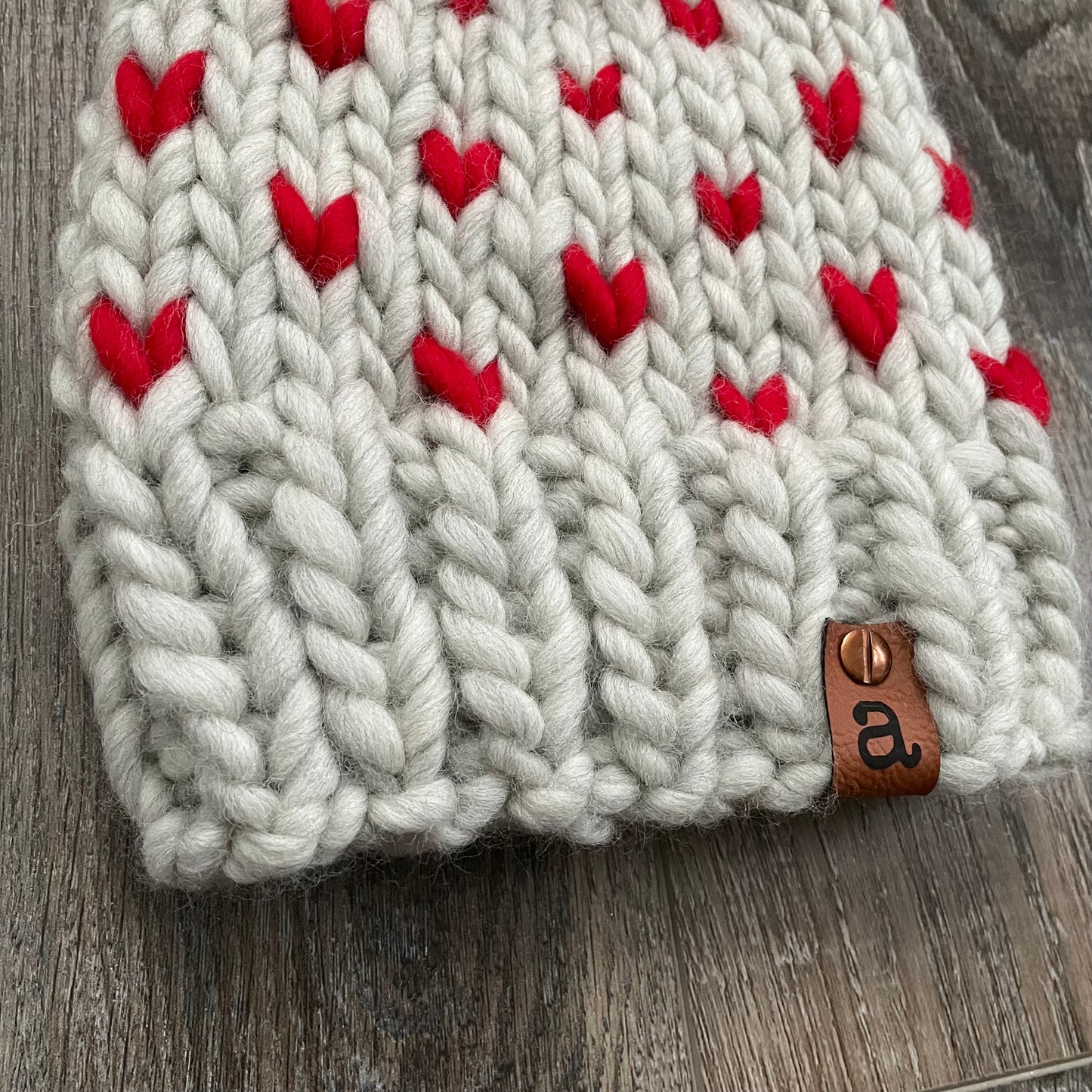 The “Helen” Beanie | 100% Wool | Tiny Hearts Red on Grey