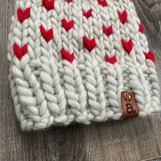 The “Helen” Beanie | 100% Wool | Tiny Hearts Red on Grey