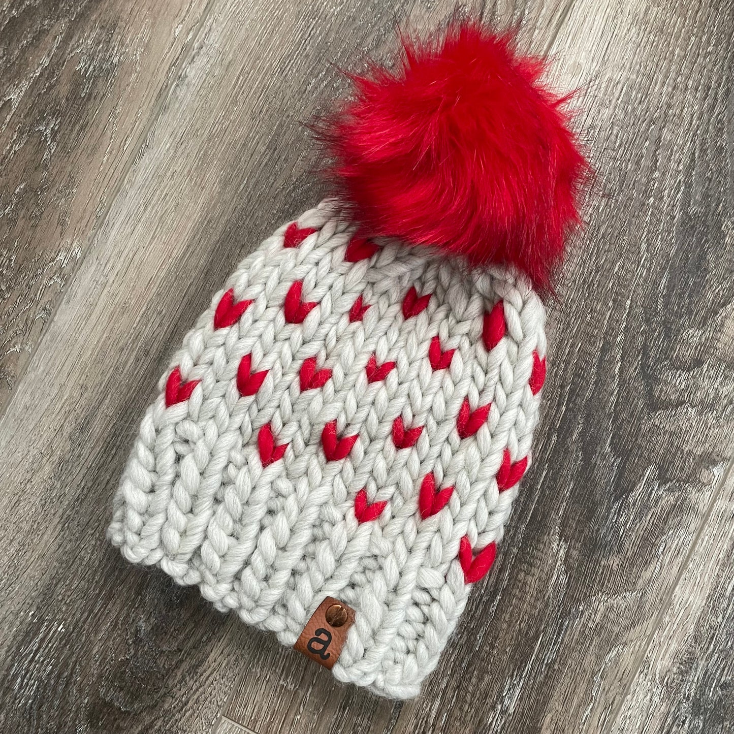 The “Helen” Beanie | 100% Wool | Tiny Hearts Red on Grey